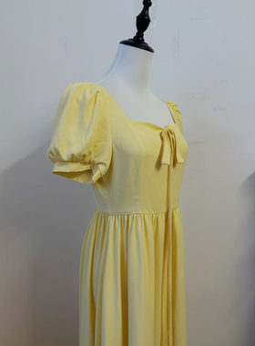 LZHOUSE泡泡袖方领蝴蝶结连衣裙女夏季新款收腰显瘦气质长裙