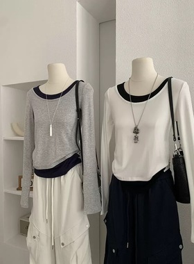 LZHOUSE 2025初秋假两件撞色圆领长袖修身显瘦内搭打底衫T恤上衣