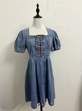 LZHOUSE法式复古小众绑带牛仔裙高腰a字收腰显瘦方领牛仔连衣裙女