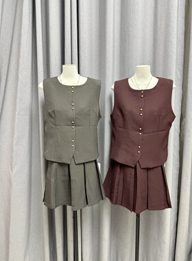LZHOUSE 老钱风西装面料马甲+百褶裙套装