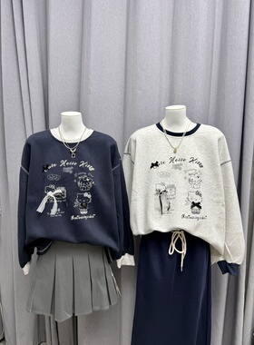 LZHOUSE 2025秋冬新款货撞色圆领长袖宽松版卡通猫咪印花卫衣