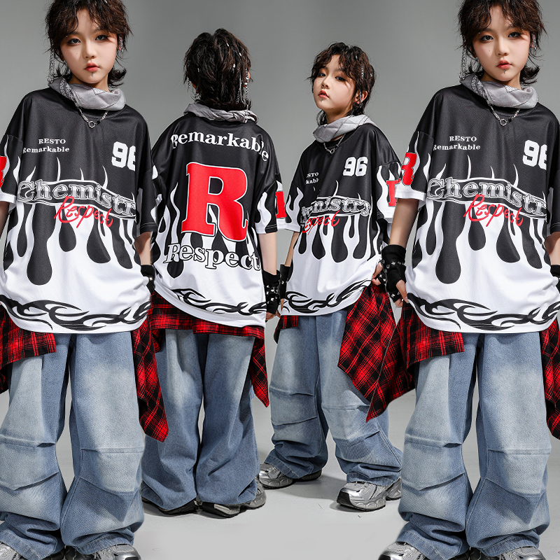 街舞儿童潮服嘻哈短袖跳舞裤子屁帘套装女孩少儿hiphop演出服男童