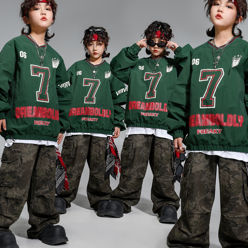 街舞儿童潮服迷彩工装裤嘻哈风卫衣套装女孩少儿hiphop演出服男童