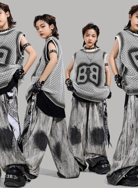 少儿locking街舞服装嘻哈宽松男童舞台走秀hiphop套装潮流女童夏