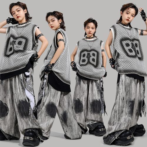 少儿locking街舞服装嘻哈宽松男童舞台走秀hiphop套装潮流女童夏