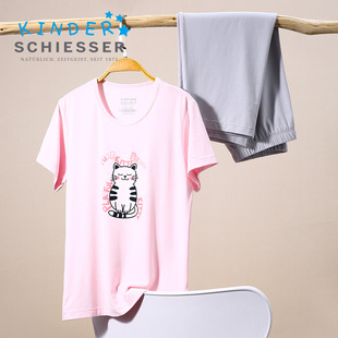 舒雅童装女童莫代尔短袖七分裤小白猫印花睡衣家居服套装22504H