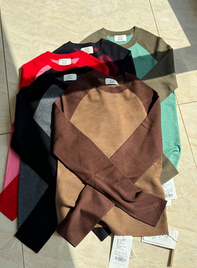 J家 美丽奴羊毛18针四平针减龄拼色修身套头针织打底衫7371