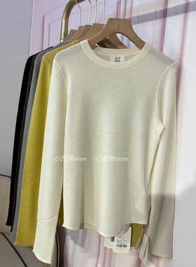 J家 美丽奴羊毛18针坑条修身轻薄套头针织长袖打底上衣76508