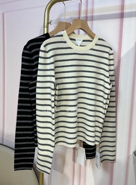 BBE礼贝 美丽奴羊毛18针四平针日常条纹圆领长袖针织上衣3006