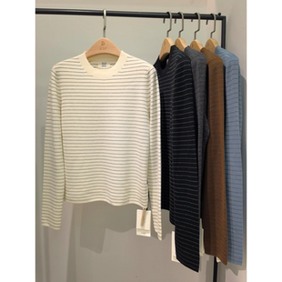 J家 美丽奴羊毛18针四平针细条纹百搭圆领套头针织打底上衣76308