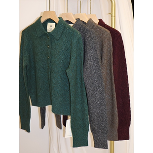 J家 7针搬针挑吼真丝羊绒可爱小翻领短款针织开衫外套666111