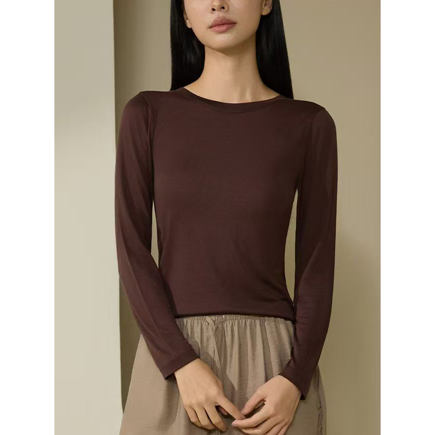 Fimage有致 桑蚕丝润滑亲肤舒适圆领显瘦基础保暖上衣20006