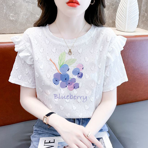 新品blueberry设计通勤印花短袖