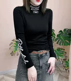 韩版半高领长袖T恤女黑色印花修身显瘦打底衫洋气上衣