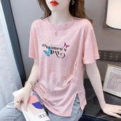 薄款 烫金圆领上衣 宽松显瘦开叉时尚 透气冰丝短袖 T恤女2025年夏季