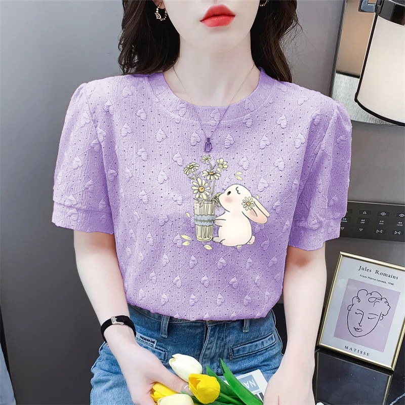可爱时尚小兔子印花花卉字母短袖上衣女宽松显瘦正肩圆领体恤潮