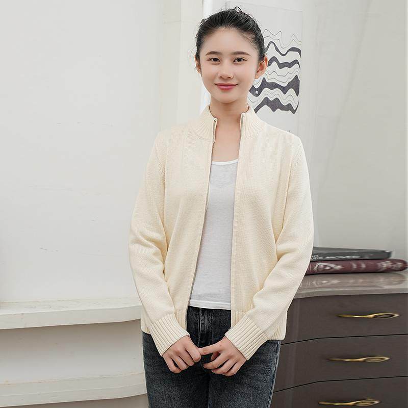 纯棉毛衣开衫线衣外搭立领拉链全棉开襟衫全棉宽松棉质外套女棉线