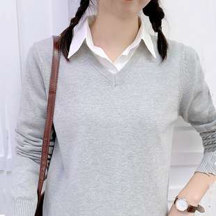 纯棉打底衫女工作服工衣正装衬衫假两件套针织毛衣白领薄款全棉