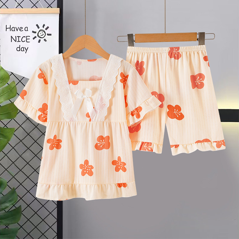 花朵公主款中大儿童睡衣夏五六七家居服套装