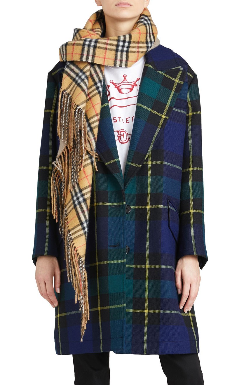 美国代购包邮BURBERRY女装拼色格子外套单排扣中长款大衣休闲风衣