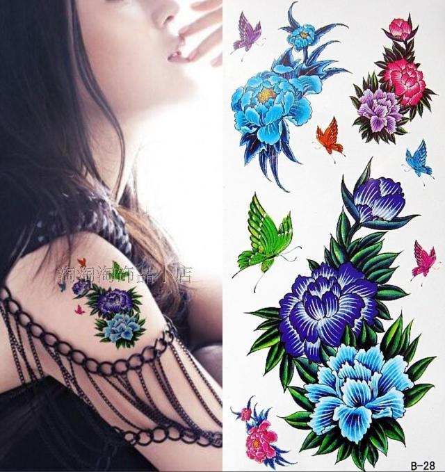 女防水纹身贴纸蓝色玫瑰持久遮瑕一次性水印纹身贴8满15包邮