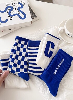 全店满20元或者6双包邮蓝色棋盘格ins字母C三杠条纹中筒袜学院风