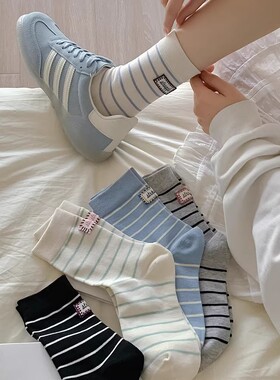 全店满20元或者6双包邮蓝色条纹袜女中筒袜春秋韩版简约后跟布标