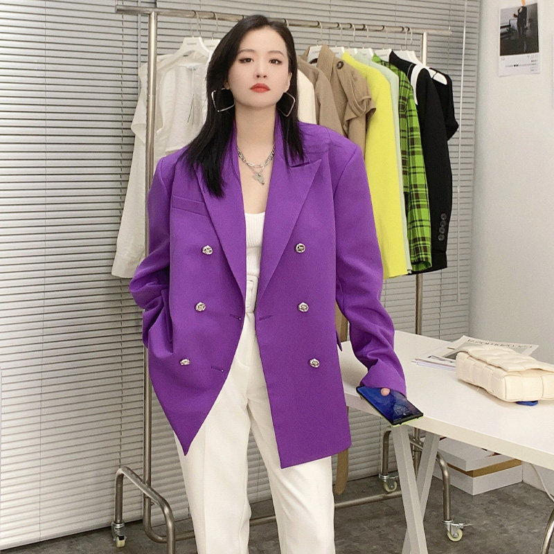 【清仓】iu李智恩明星同款紫色西装外套女双排扣时髦炸街西服高级