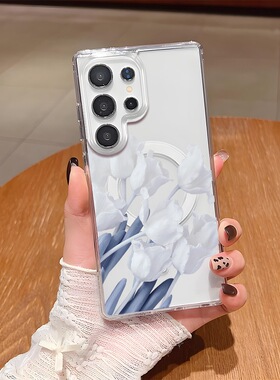 白色郁金香适用三星S25Ultra/S24Ultra/S23Ultra磁吸手机壳S22彩绘S22Ultra简约S23透明保护套S25edge花草