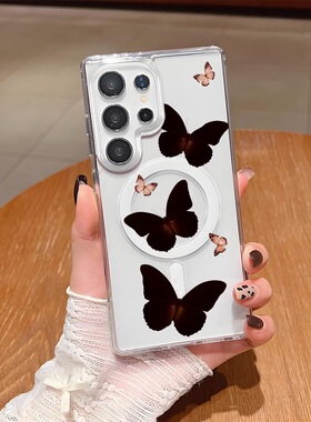 黑色蝴蝶适用三星S25Ultra/S24Ultra/S23Ultra磁吸手机壳S22高级S22Ultra简约S23透明保护套S25edge硬壳
