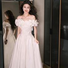 一字肩设计感法式轻婚纱2025新款新娘结婚白色出门纱订婚晚礼服裙