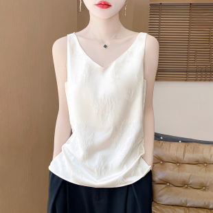 上衣 打底无袖 新款 吊带背心女内搭V领缎面仿真丝光泽感暗花纹西装