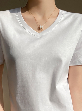 丝光棉80s液氨白色短袖T恤女纯棉打底衫新疆棉V领鸡心领西装内搭