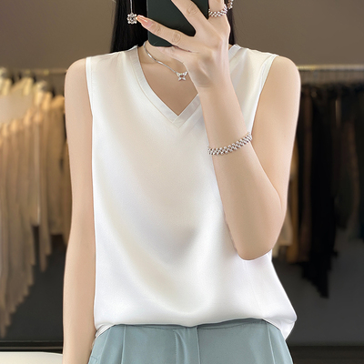 吊带背心女西装内搭白色V领T恤醋酸仿真丝上衣夏仿桑蚕丝打底衫