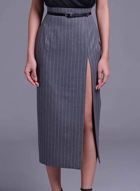 【泰国代购】设计师品牌 Poem 职业高腰灰色细条纹羊毛开衩铅笔裙