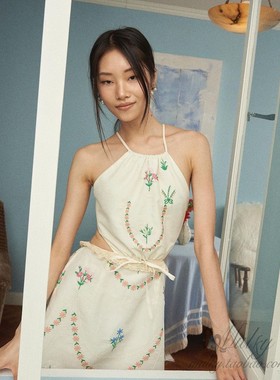 【泰国代购】设计师品牌Pleased挂脖棉麻显瘦露腰露背度假连衣裙