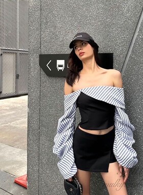 【泰国代购】设计师品牌Amethesoul衬衫条纹拼接一字抹胸半裙套装