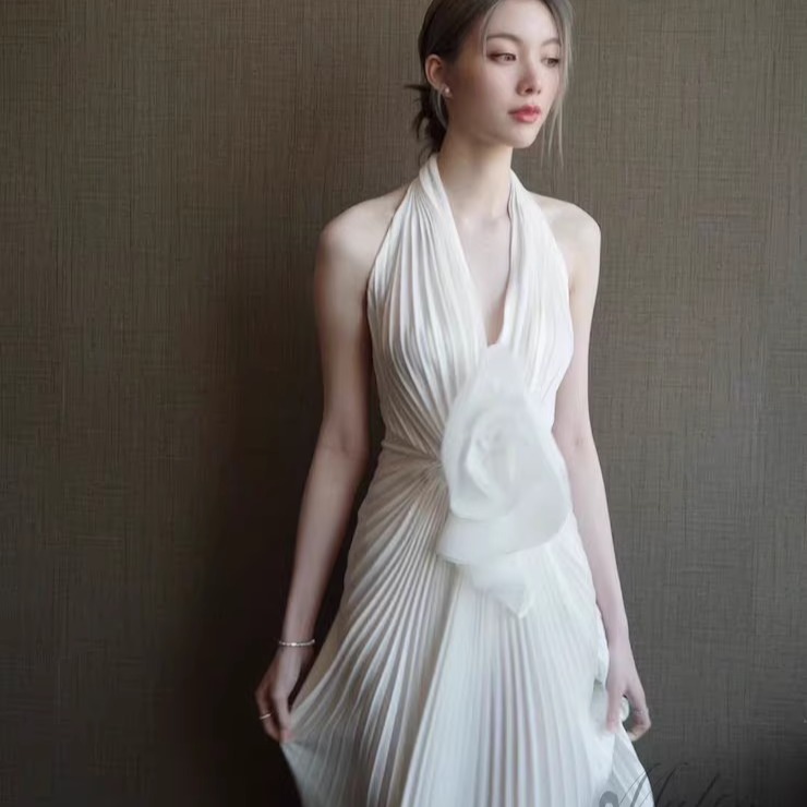 Orm同款花朵单肩丝巾连衣裙礼服