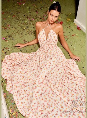 【泰国代购】设计师设计 Pleased复古欧式碎花吊带露背连衣裙长裙