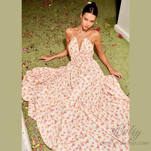 【泰国代购】设计师设计 Pleased复古欧式碎花吊带露背连衣裙长裙