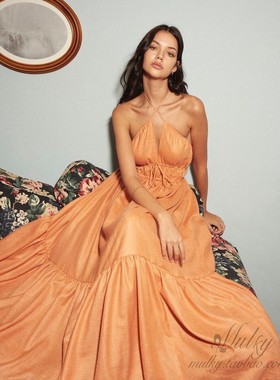 【泰国代购】设计师设计 Pleased挂脖吊带棉麻气质露背连衣裙长裙