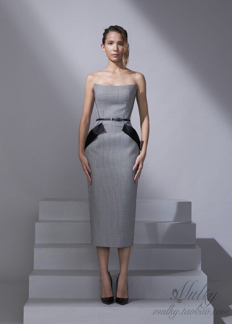 【泰国代购】设计师设计 Poem22秋冬 千鸟裹胸修身紧身口袋连衣裙