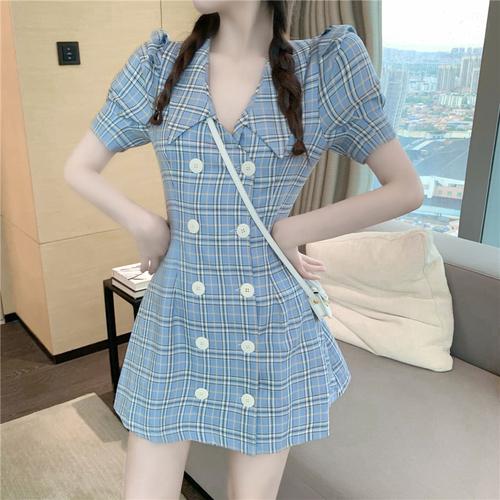 Real photo real price western style Plaid suit skirt double breasted waist Puff Sleeve Dress