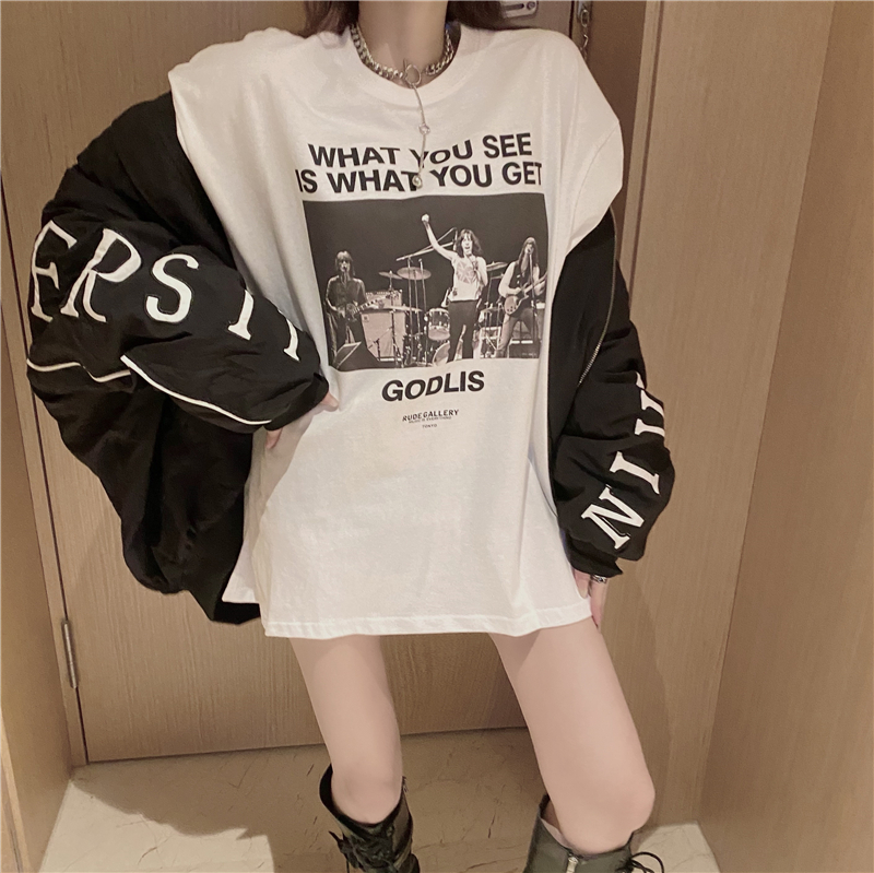 Real shot real price loose and versatile long sleeve printed medium length T-shirt with backing