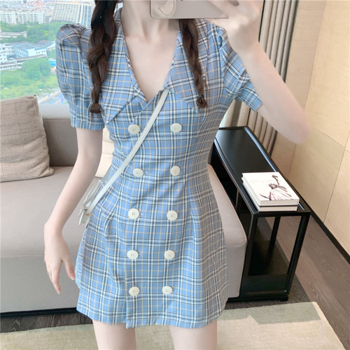 Real photo real price western style Plaid suit skirt double breasted waist Puff Sleeve Dress