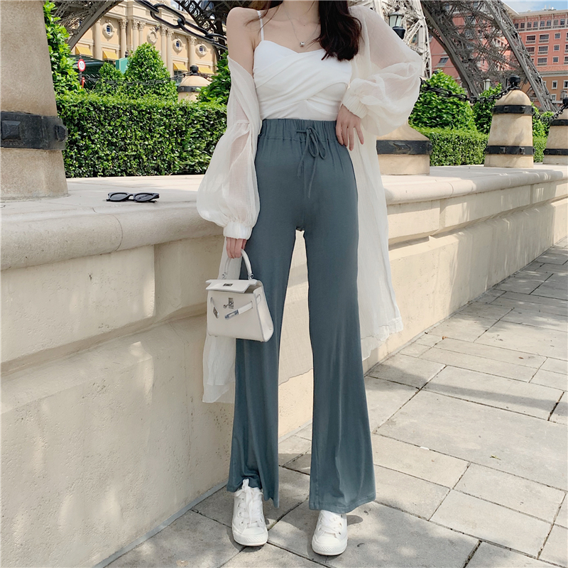 Real time pleated medium length Chiffon cardigan sun proof clothes suspender elastic waist drape wide leg pants
