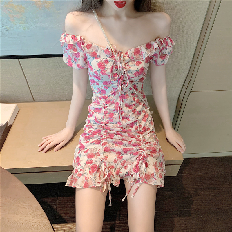 Real photo real price floral Ruffle off shoulder thin Pleated Dress