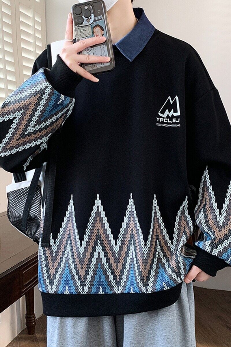 W25209-特P50假两件卫衣男款春秋季衬衫领打底衫宽松帅气套头衫,男装卫衣,电商D310（原电商305）