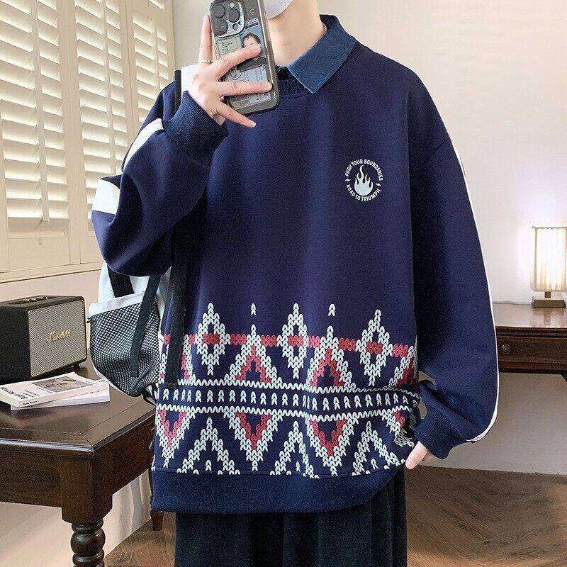 W25210-特P50 衬衫领卫衣男假两件长袖T恤印花卫衣男长袖打底衫图片