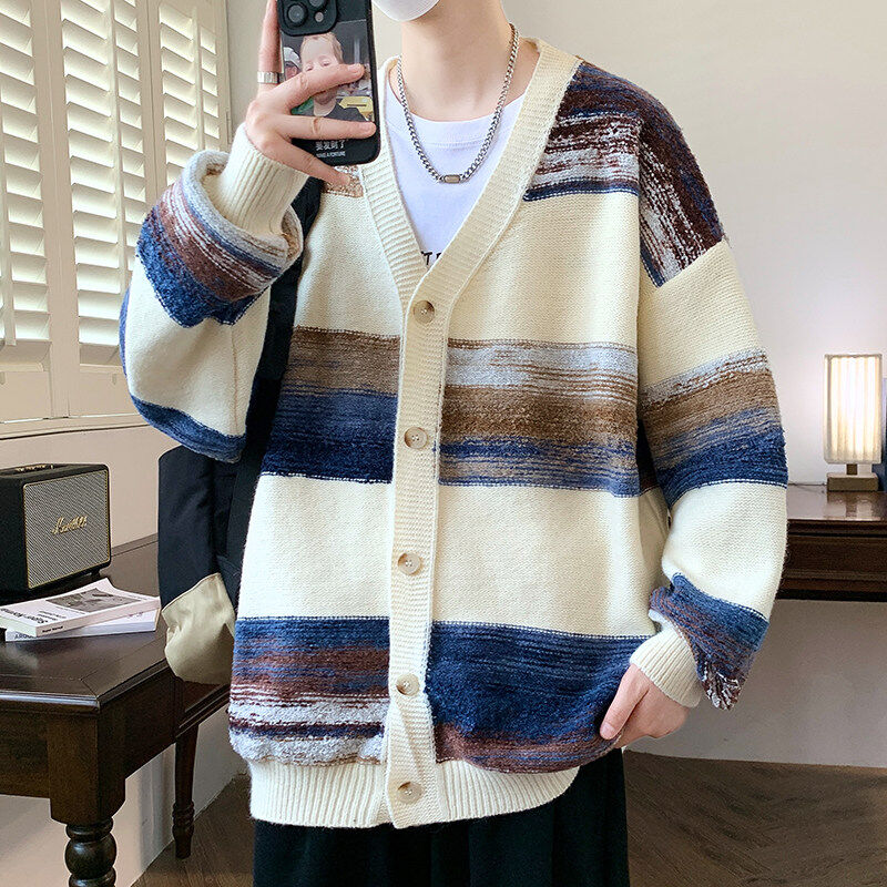 84861-特P65开衫毛衣男新款潮牌渐变条纹宽松情侣针织衫外套,男装针织衫/毛衣,电商D310（原电商305）
